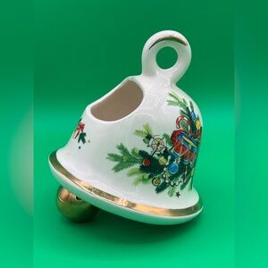 1960s Ceramic 5.5” Christmas Mistletoe Bell Planter Holly Gold Accent Clapper
